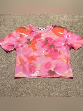 Glassons Pink & Orange Watercolor Cropped Short Sleeve Tee